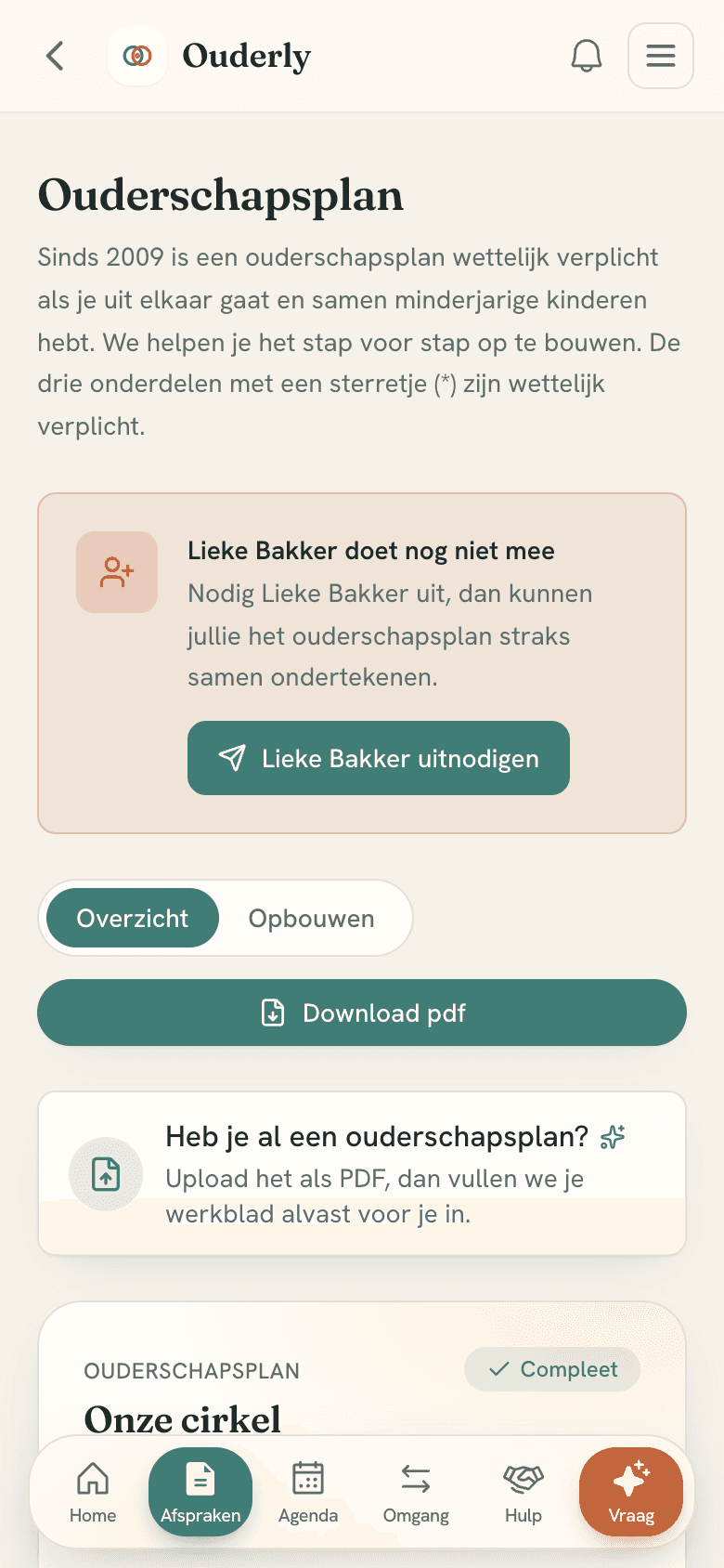 Ouderschapsplan in Ouderly met statusoverzicht